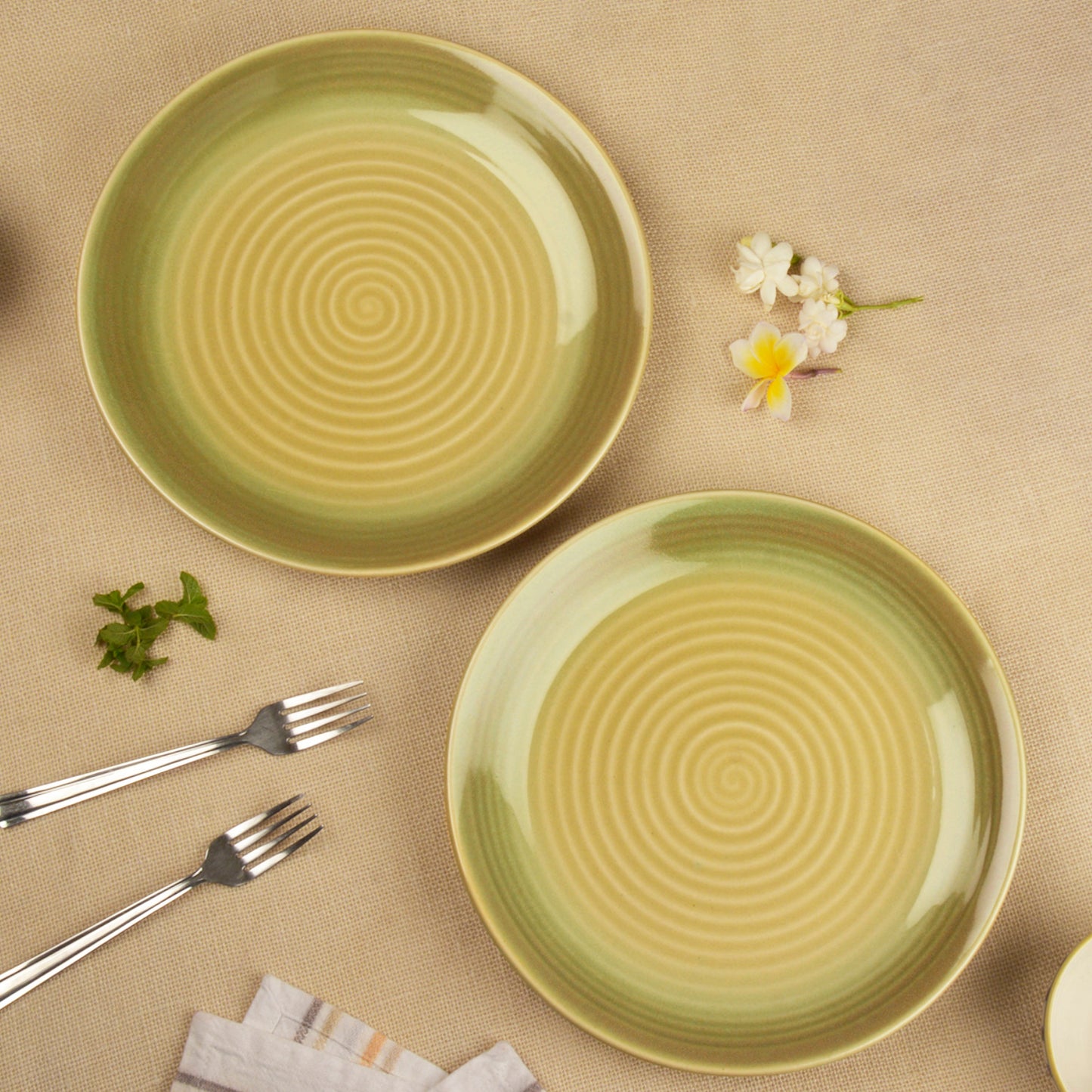 "Sage Green Collection" Studio Pottery Handcrafted Ceramic Dinner Plates (Set of 2, Sage Green, Diameter - 24 cm)