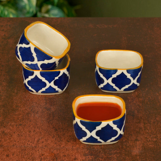 Handpainted Ceramic Square Dip Bowls (Set of 4, Blue and White, 50 ml Each)
