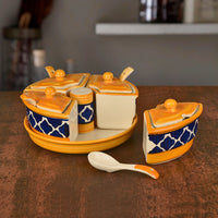 Hand-Painted Ceramic Pickle Serving Jar Set with Salt Dispenser & Spoon (Blue, Yellow)