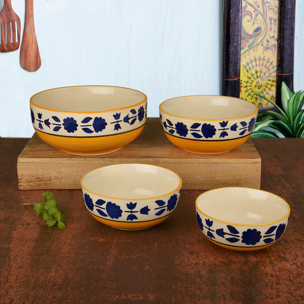 Studio Pottery Hand-Painted Dinner Serving Bowl Set (Set of 4, Yellow and Blue, 1200 ml, 650 ml, 450 ml, 300 ml)