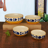 Studio Pottery Hand-Painted Dinner Serving Bowl Set (Set of 4, Yellow and Blue, 1200 ml, 650 ml, 450 ml, 300 ml)