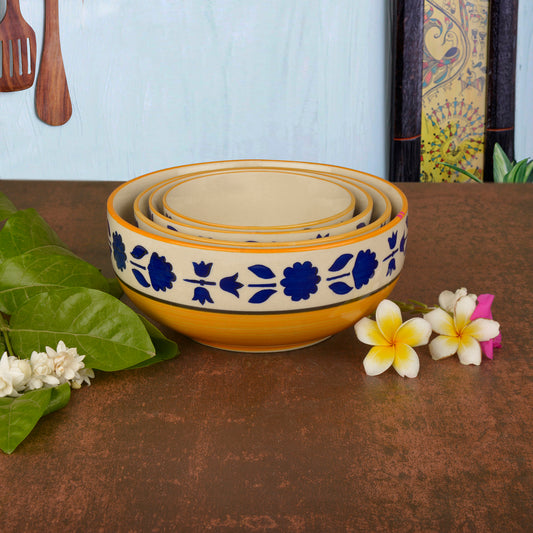 Studio Pottery Hand-Painted Dinner Serving Bowl Set (Set of 4, Yellow and Blue, 1200 ml, 650 ml, 450 ml, 300 ml)