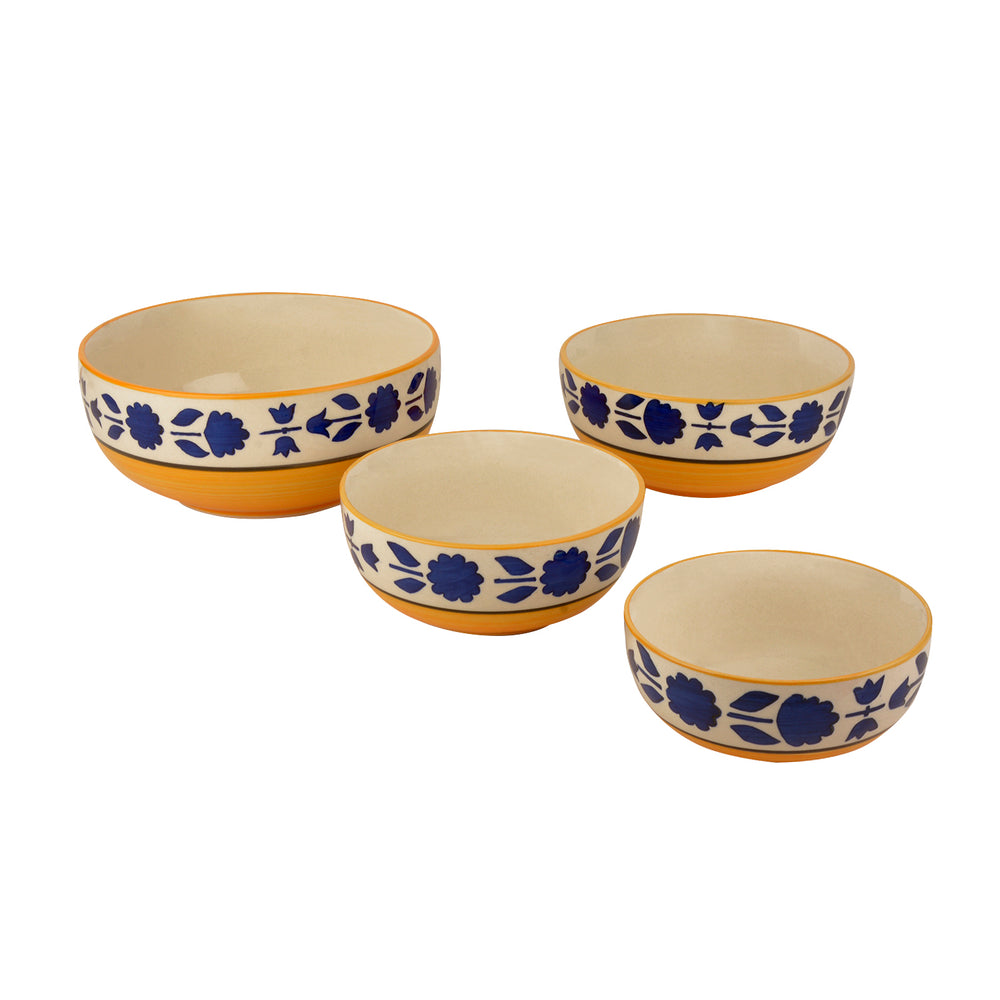 Studio Pottery Hand-Painted Dinner Serving Bowl Set (Set of 4, Yellow and Blue, 1200 ml, 650 ml, 450 ml, 300 ml)