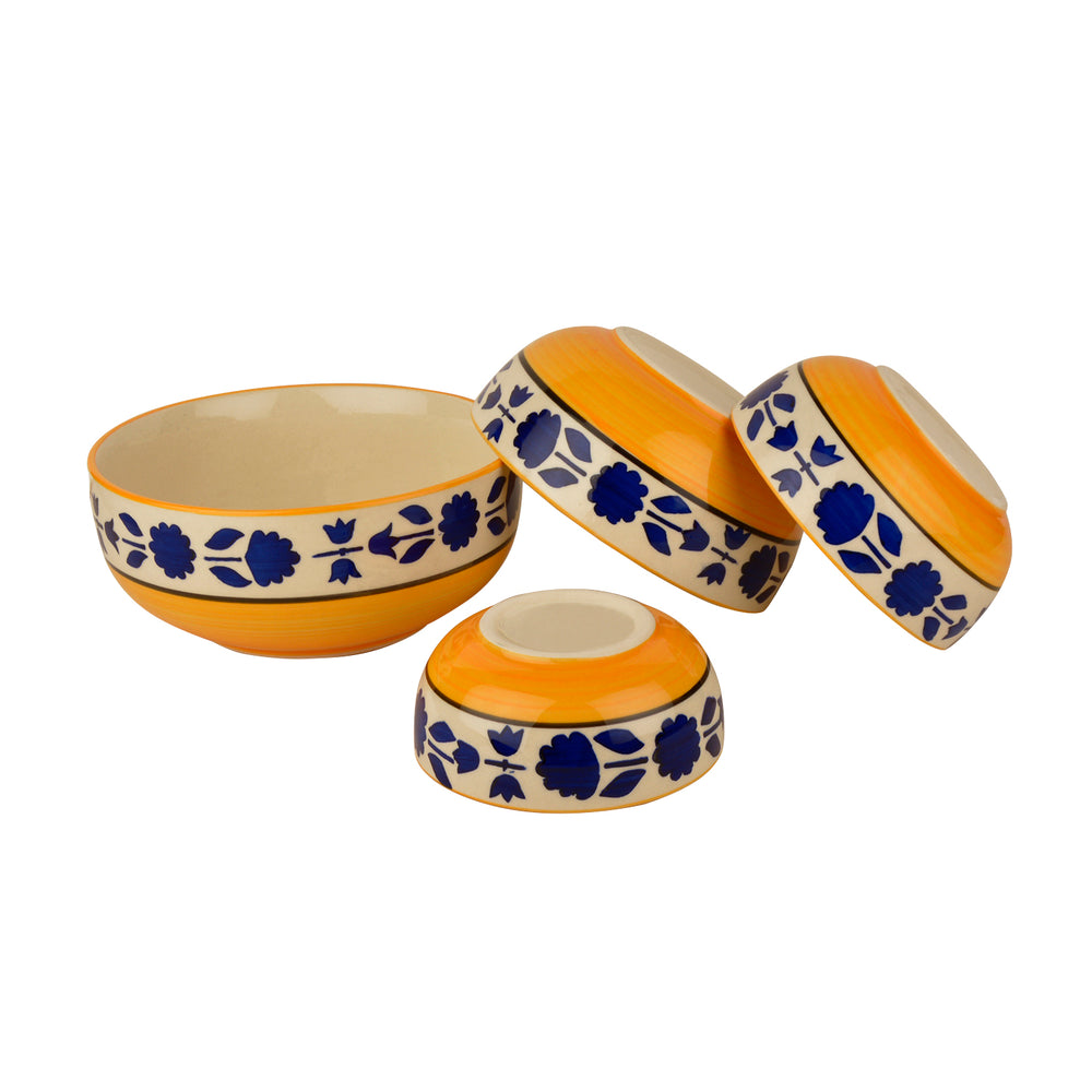 Studio Pottery Hand-Painted Dinner Serving Bowl Set (Set of 4, Yellow and Blue, 1200 ml, 650 ml, 450 ml, 300 ml)