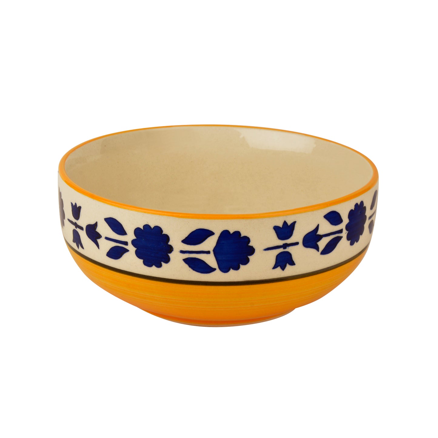 Studio Pottery Hand-Painted Dinner Serving Bowl Set (Set of 4, Yellow and Blue, 1200 ml, 650 ml, 450 ml, 300 ml)