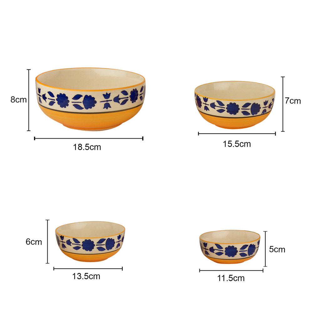 Studio Pottery Hand-Painted Dinner Serving Bowl Set (Set of 4, Yellow and Blue, 1200 ml, 650 ml, 450 ml, 300 ml)