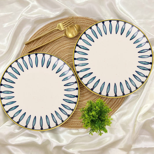 "Kyoto Collection " Handpainted Ceramic Dinner Serving Plates (Set of 2, White and Blue, 10 inches)