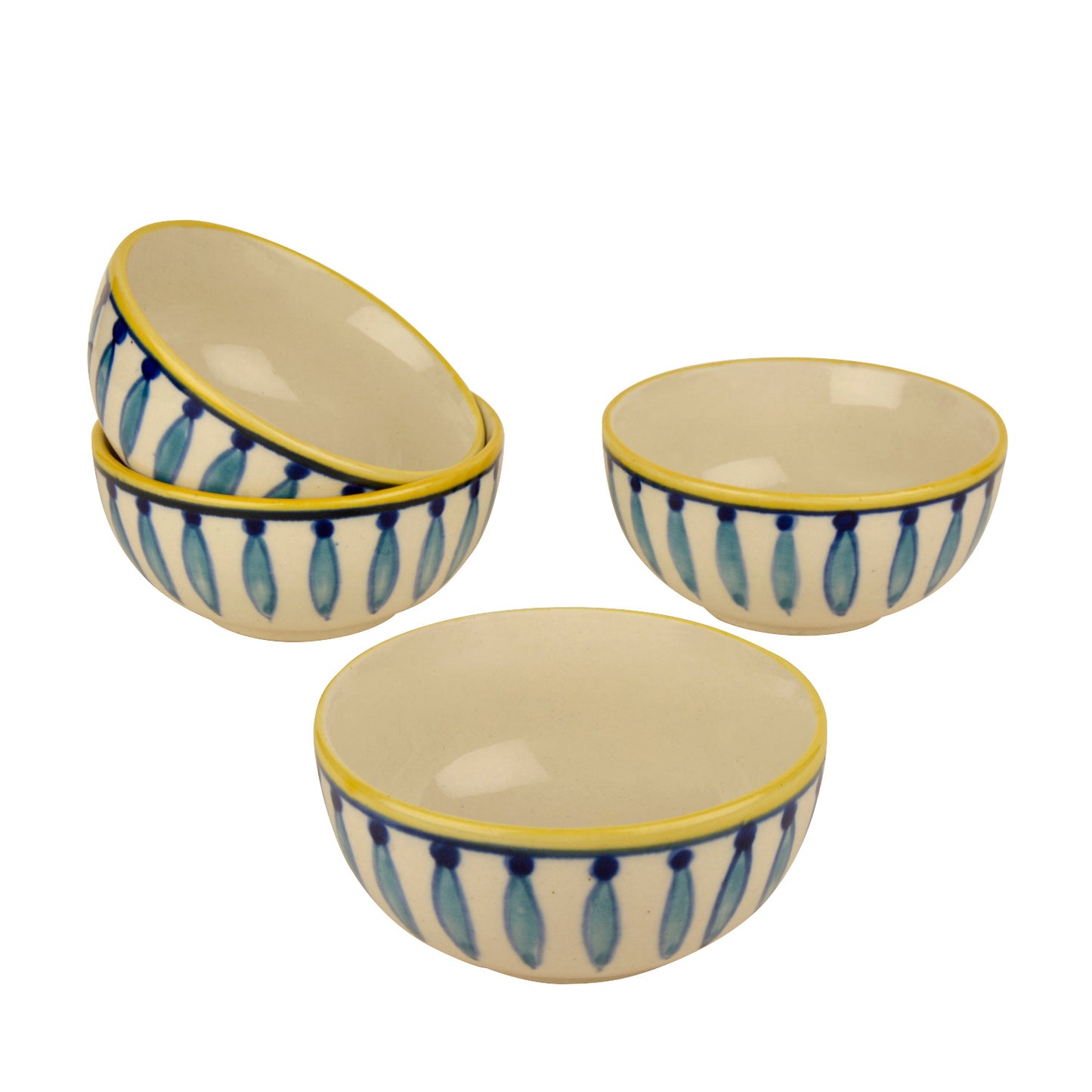 "Kyoto Collection" Handpainted Ceramic Dinner Serving Bowls (Set of 4, White and Blue, 200 ml each)