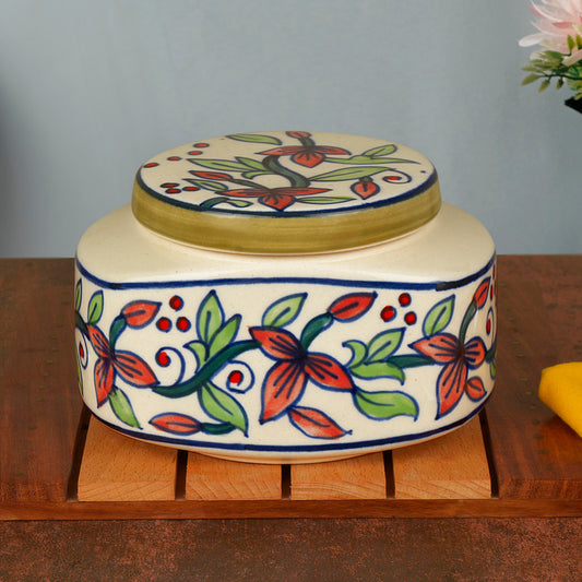 Handpainted Ceramic Jar with Lid (650 ml, White and Multicolor)