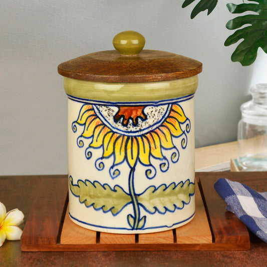 Handpainted Multi Utility Storage Airtight Ceramic Jar with Wooden Lid (1000 ml, White and Multicolor)