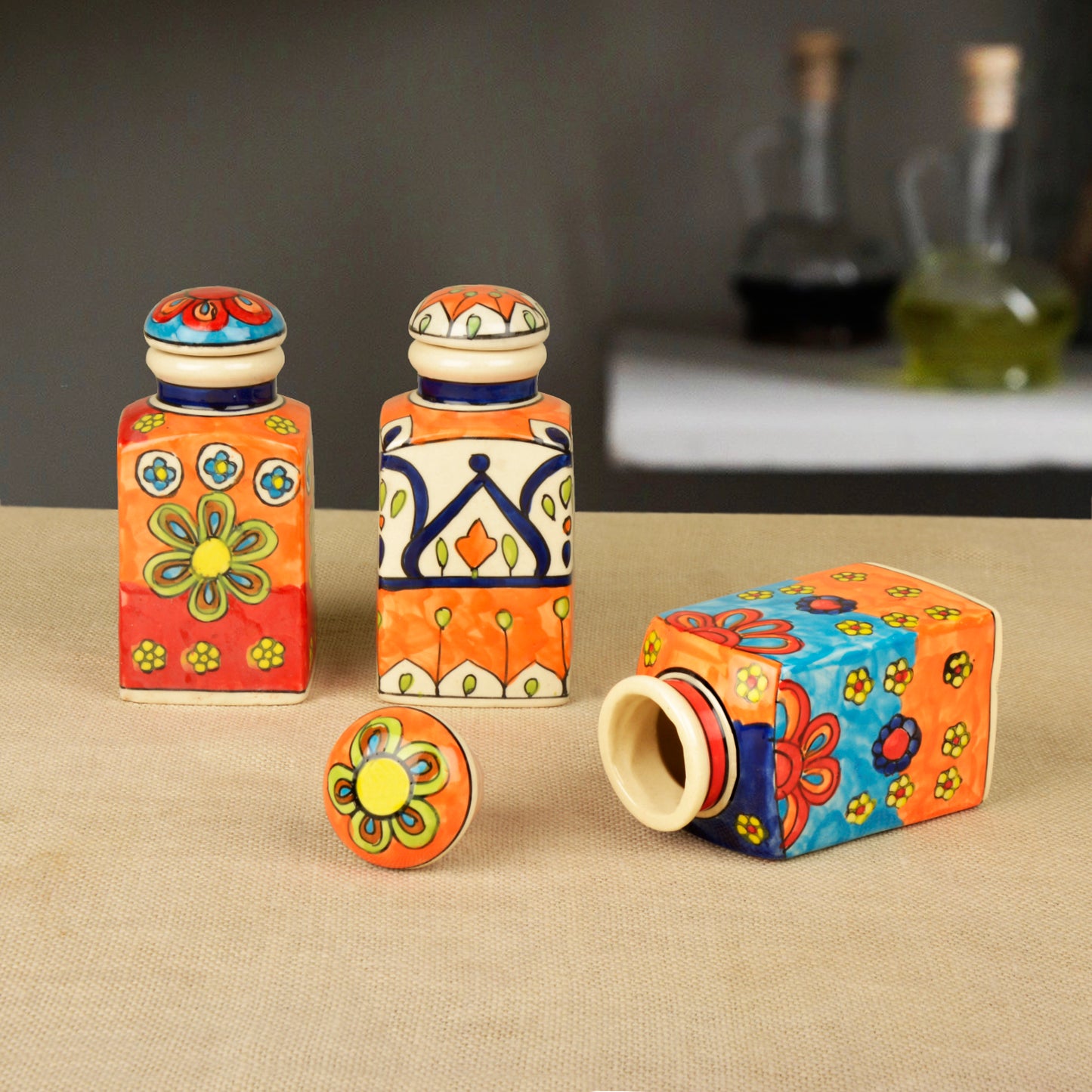 Handpainted Ceramic Spice Jars with Air Tight Lid (Set of 3, Multicolor, 250 ml each)