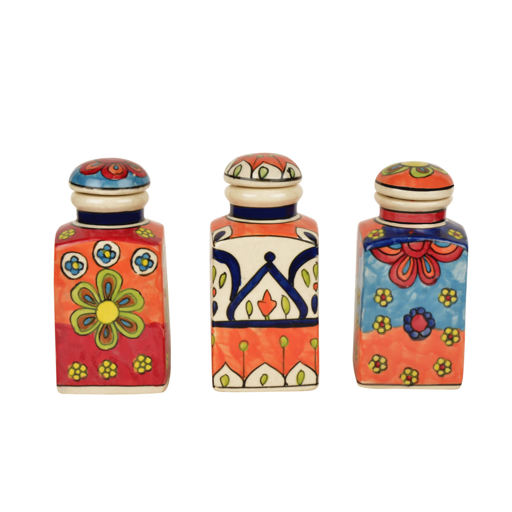 Handpainted Ceramic Spice Jars with Air Tight Lid (Set of 3, Multicolor, 250 ml each)