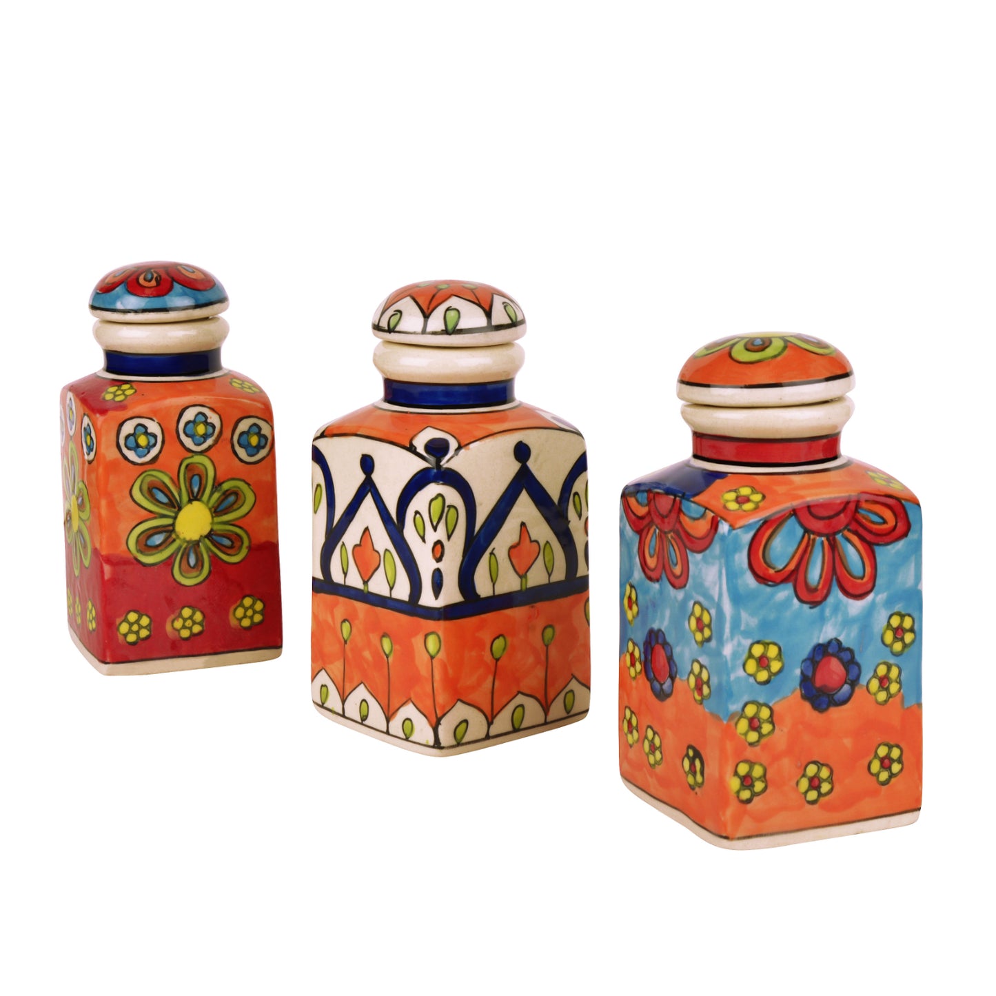 Handpainted Ceramic Spice Jars with Air Tight Lid (Set of 3, Multicolor, 250 ml each)