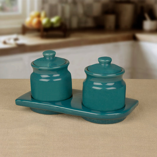 Hand Glazed Ceramic Pickle Serving Jar Set with Tray (Set of 2, Turquoise Blue , 200 ml each)