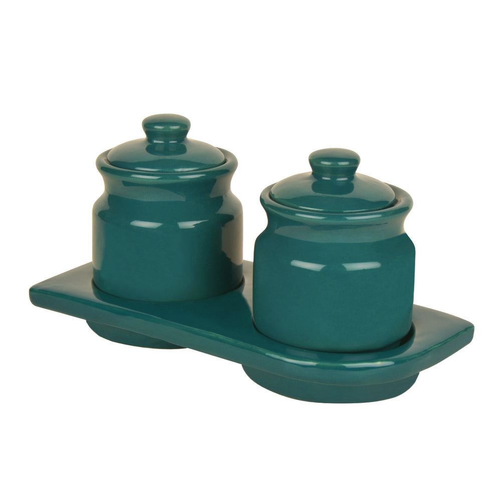 Hand Glazed Ceramic Pickle Serving Jar Set with Tray (Set of 2, Turquoise Blue , 200 ml each)