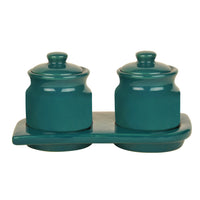 Hand Glazed Ceramic Pickle Serving Jar Set with Tray (Set of 2, Turquoise Blue , 200 ml each)