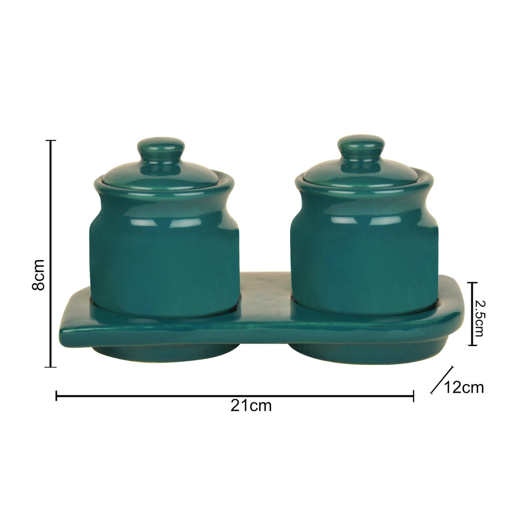 Hand Glazed Ceramic Pickle Serving Jar Set with Tray (Set of 2, Turquoise Blue , 200 ml each)