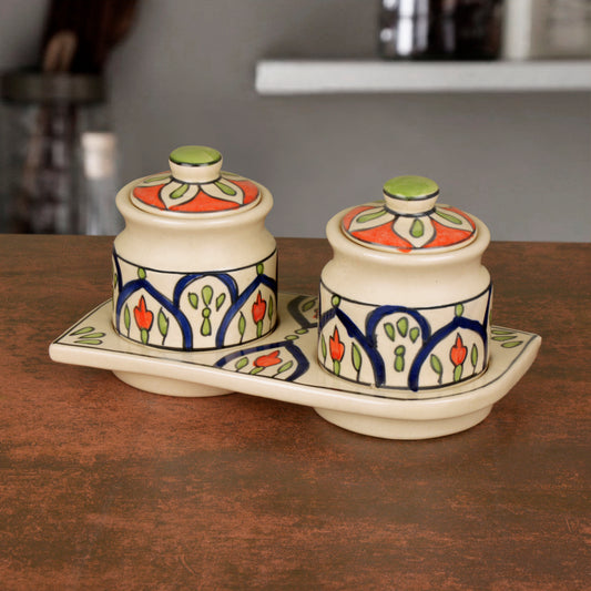 Handpainted Ceramic Pickle Serving Jar Set with Tray (Set of 2,Multicolor , 200 ml each)