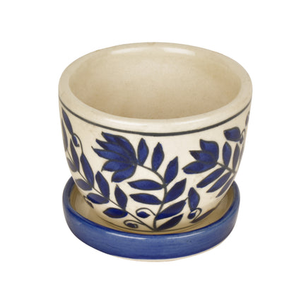 Handpainted Ceramic Planter Pot with Tray (White and Blue, Diameter - 9 cm, Height - 7 cm)