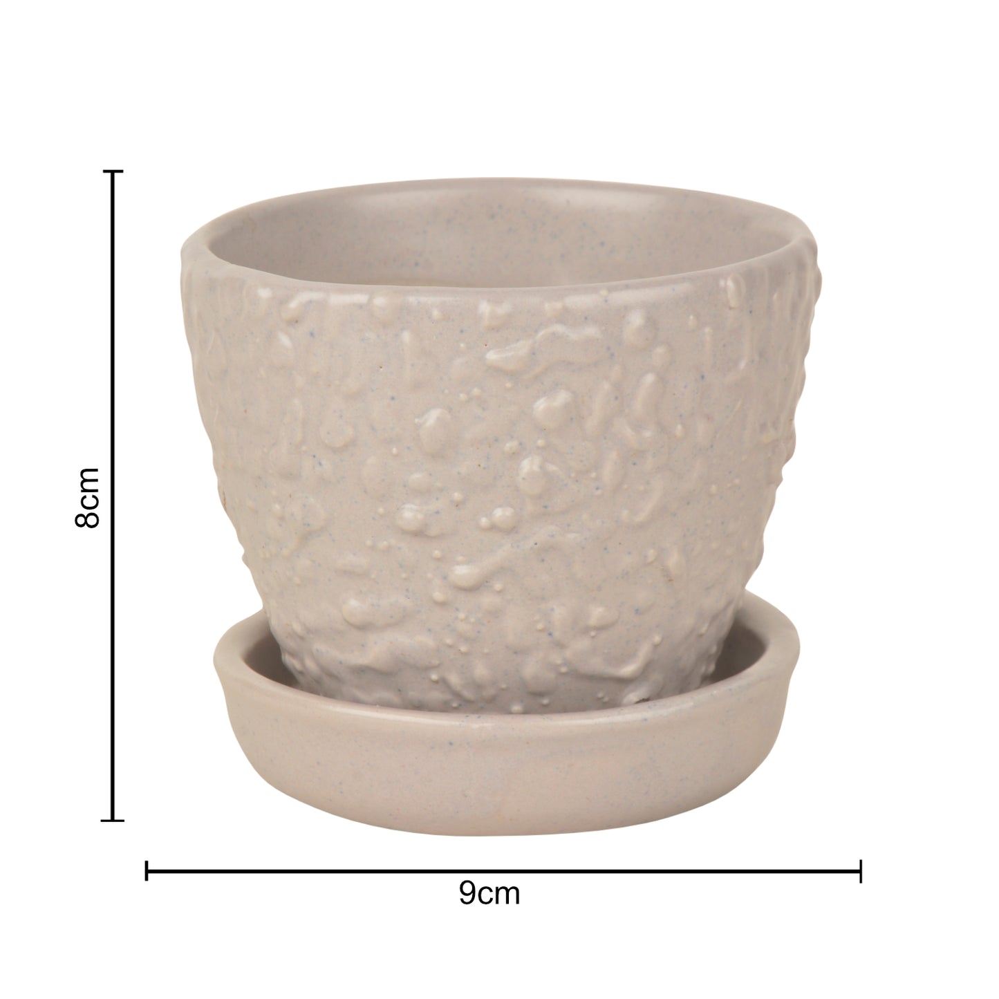 Handpainted Ceramic Planter Pot with Tray (Grey, Diameter - 9 cm, Height - 8 cm)