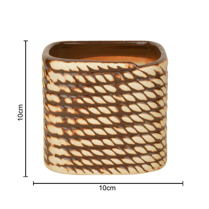 Handpainted Ceramic Planter Pot (Beige and Brown, Diameter - 10 cm, Height - 10 cm)