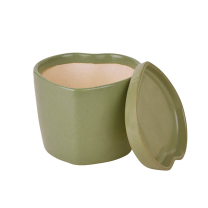 Handpainted Heart Shaped Ceramic Planter Pot with Tray (Sage Green, Diameter - 11 cm, Height - 10 cm)