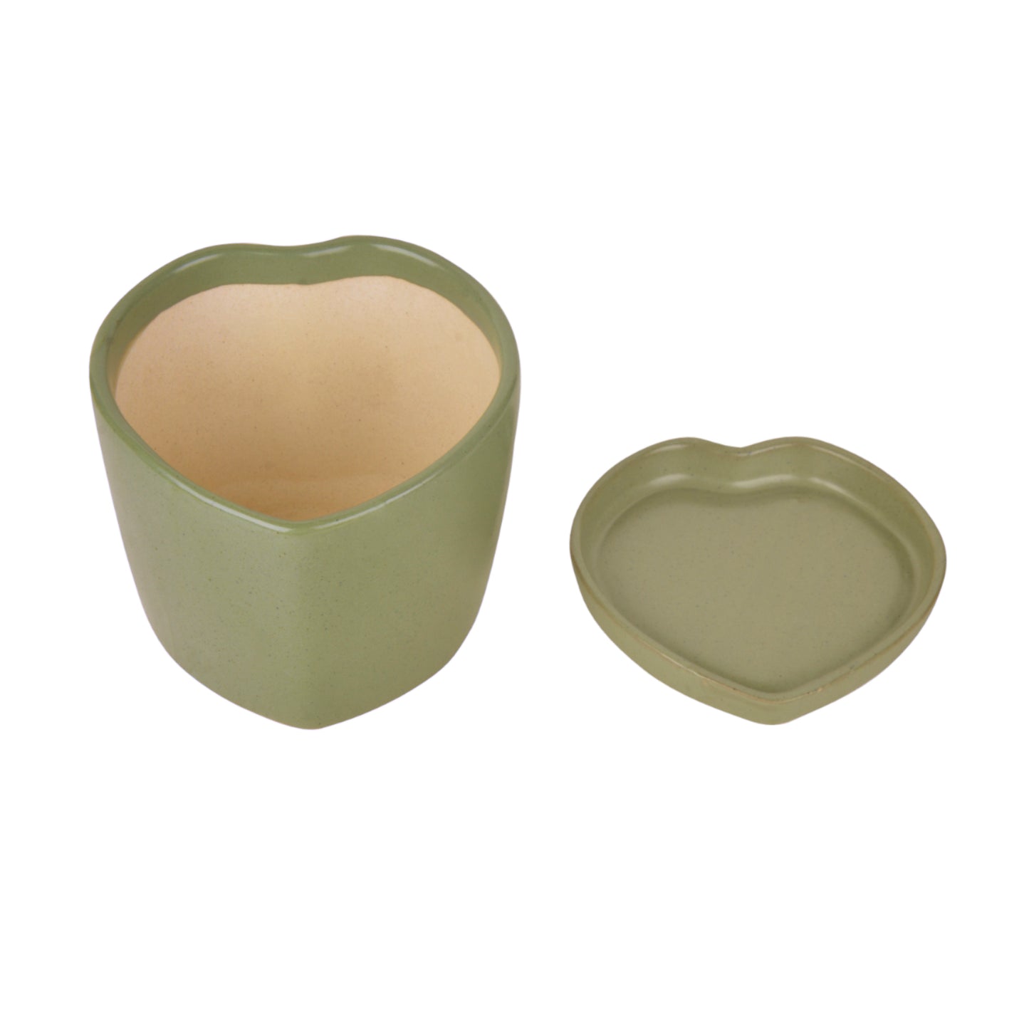 Handpainted Heart Shaped Ceramic Planter Pot with Tray (Sage Green, Diameter - 11 cm, Height - 10 cm)