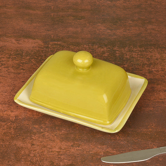 Glazed Ceramic Butter Dish with Lid (Lime Green, Height - 8 cm)