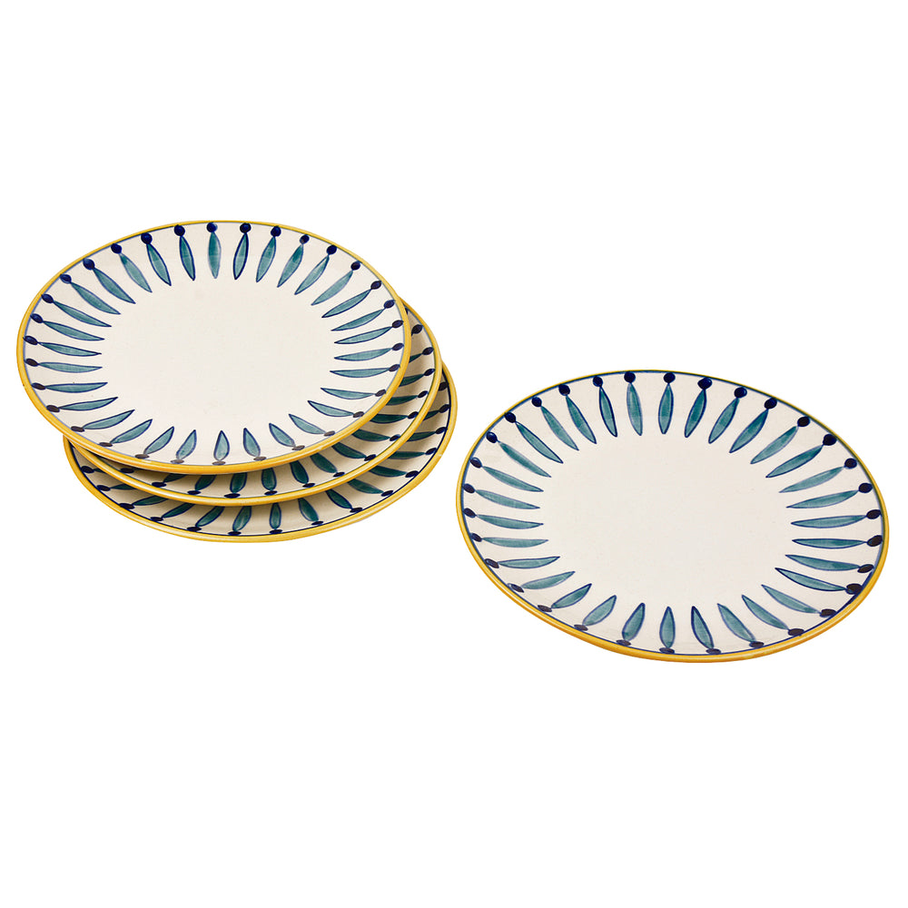 " Kyoto Collection " Handpainted Ceramic Dinner Serving Plates (Set of 4, White and Blue, 10 inches)