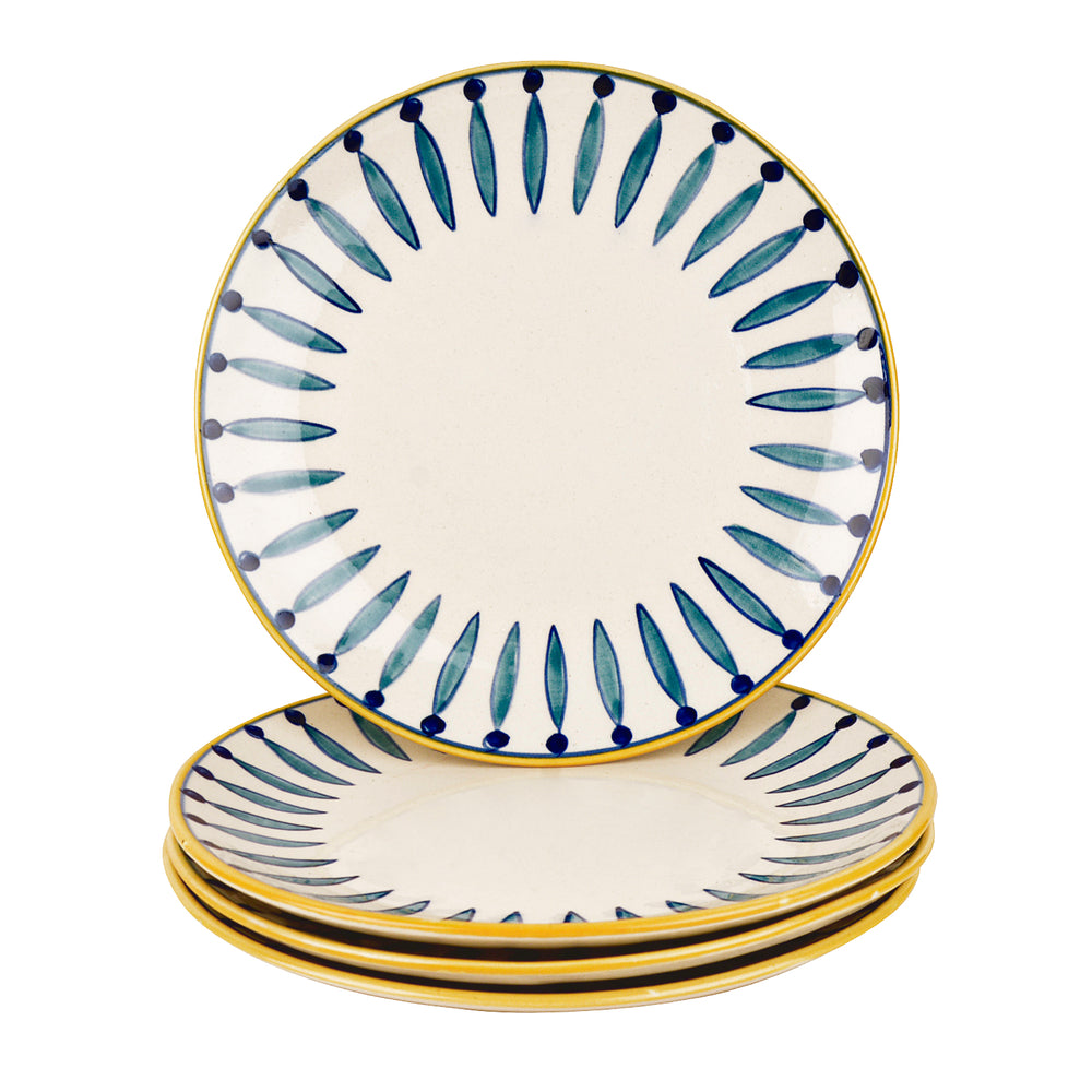 " Kyoto Collection " Handpainted Ceramic Dinner Serving Plates (Set of 4, White and Blue, 10 inches)