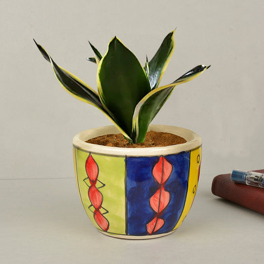 Handpainted Ceramic Planter Pot with Tray (Multicolor, Diameter - 9 cm, Height - 7 cm)