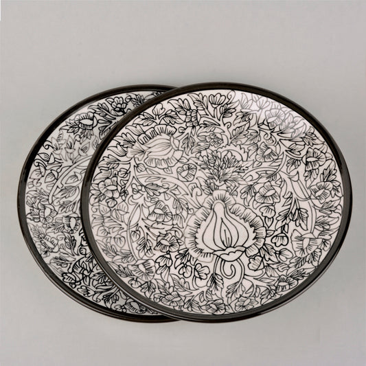 "Kalamkaari Collection" Handpainted Ceramic Dinner Serving Plates (Set of 2, Off White and Black, 25 cm)