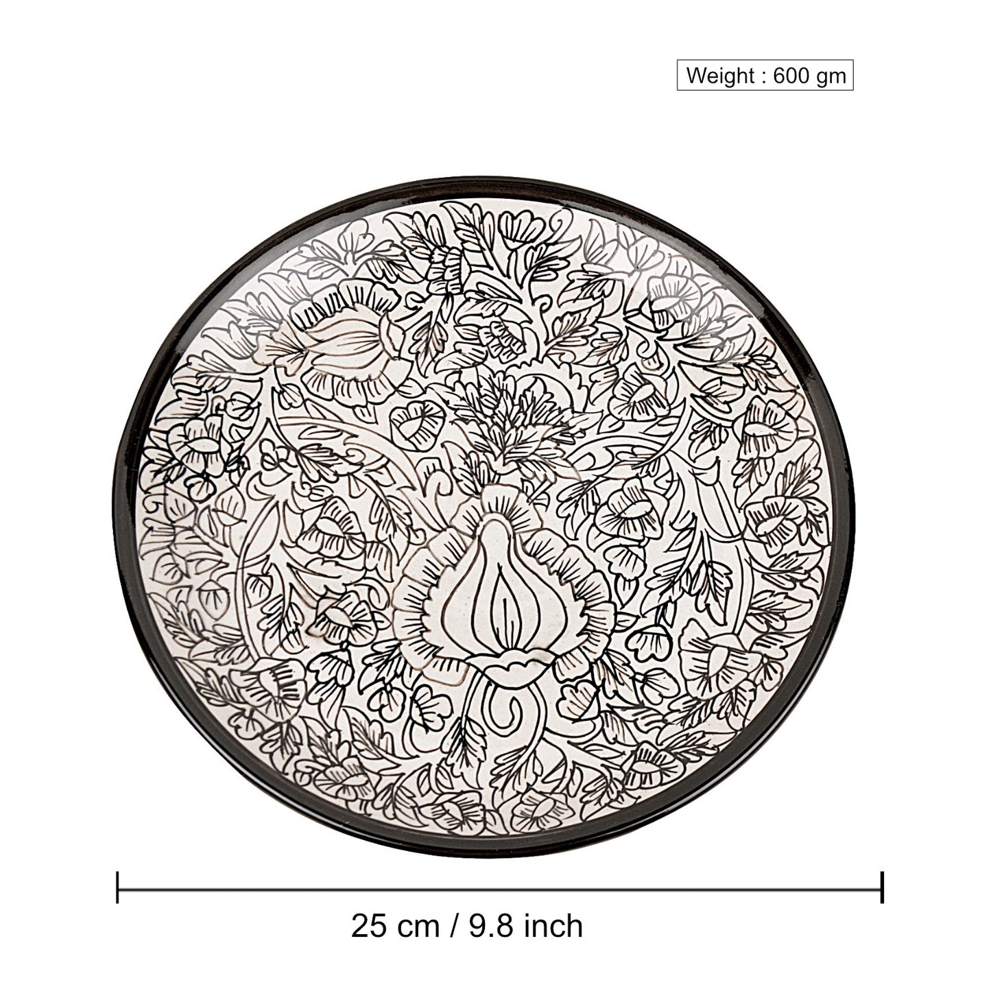 "Kalamkaari Collection" Handpainted Ceramic Dinner Serving Plates (Set of 2, Off White and Black, 25 cm)