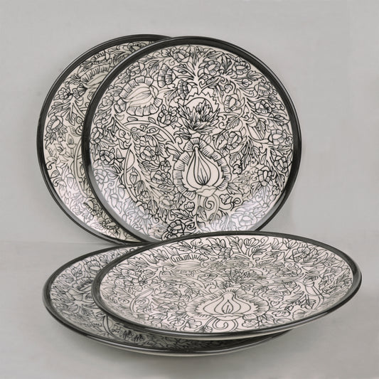 "Kalamkaari Collection" Handpainted Ceramic Dinner Serving Plates (Set of 4, Off White and Black, 25 cm)