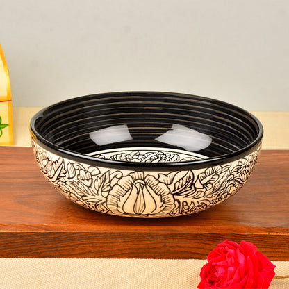 “Kalamkaari Collection” Handpainted Ceramic Bowl (Off White and Black, Diameter - 17 cm, 750 ml)