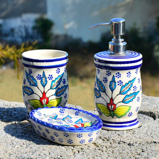 Handpainted Ceramic Bathroom Set (Blue, 1 Liquid Soap Dispenser, 1 Soap Tray, 1 Toothbrush Holder)