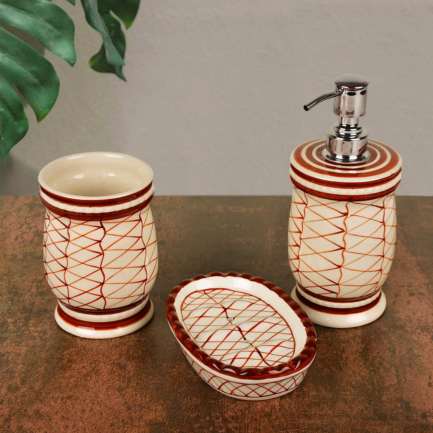 Handpainted Ceramic Bathroom Set (Off White and Brown,1 Liquid Soap Dispenser, 1 Soap Tray, 1 Toothbrush Holder)