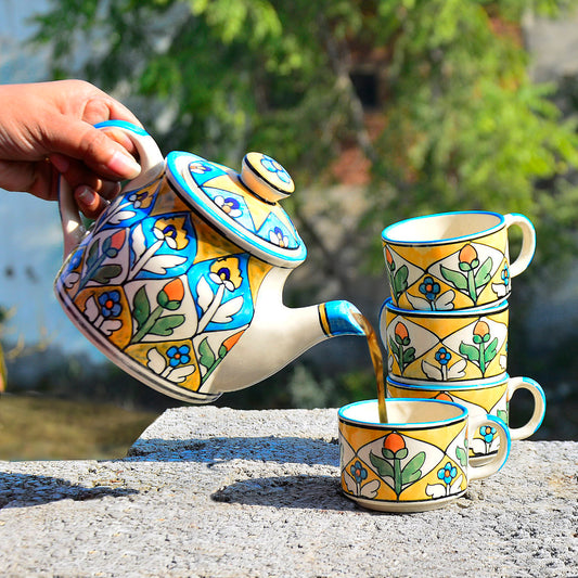 Handpainted Ceramic Tea Set (1 Kettle , 4 Cups, Multicolor)