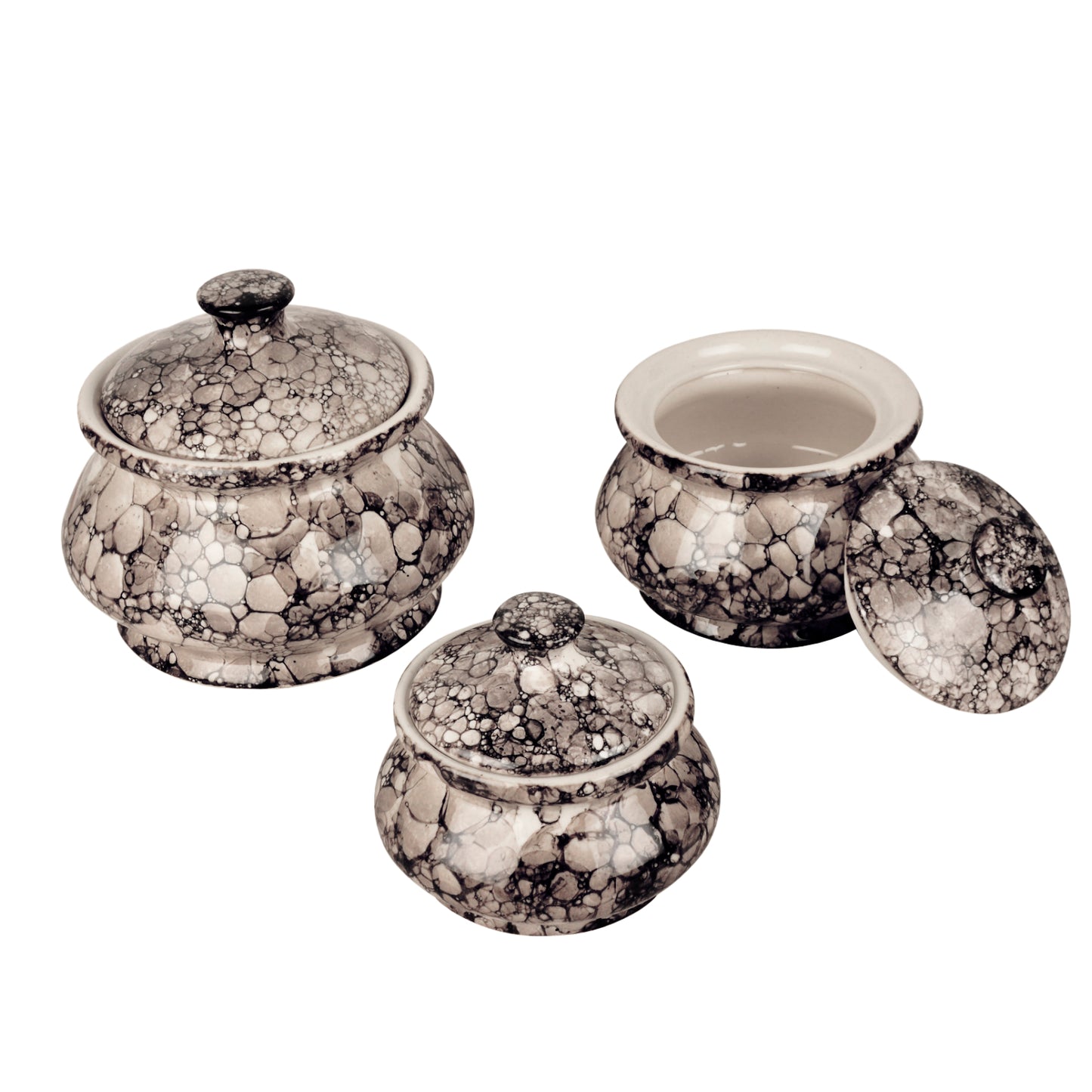 Handpainted Ceramic Handi Set with Lid (Set of 3, Grey Luster)