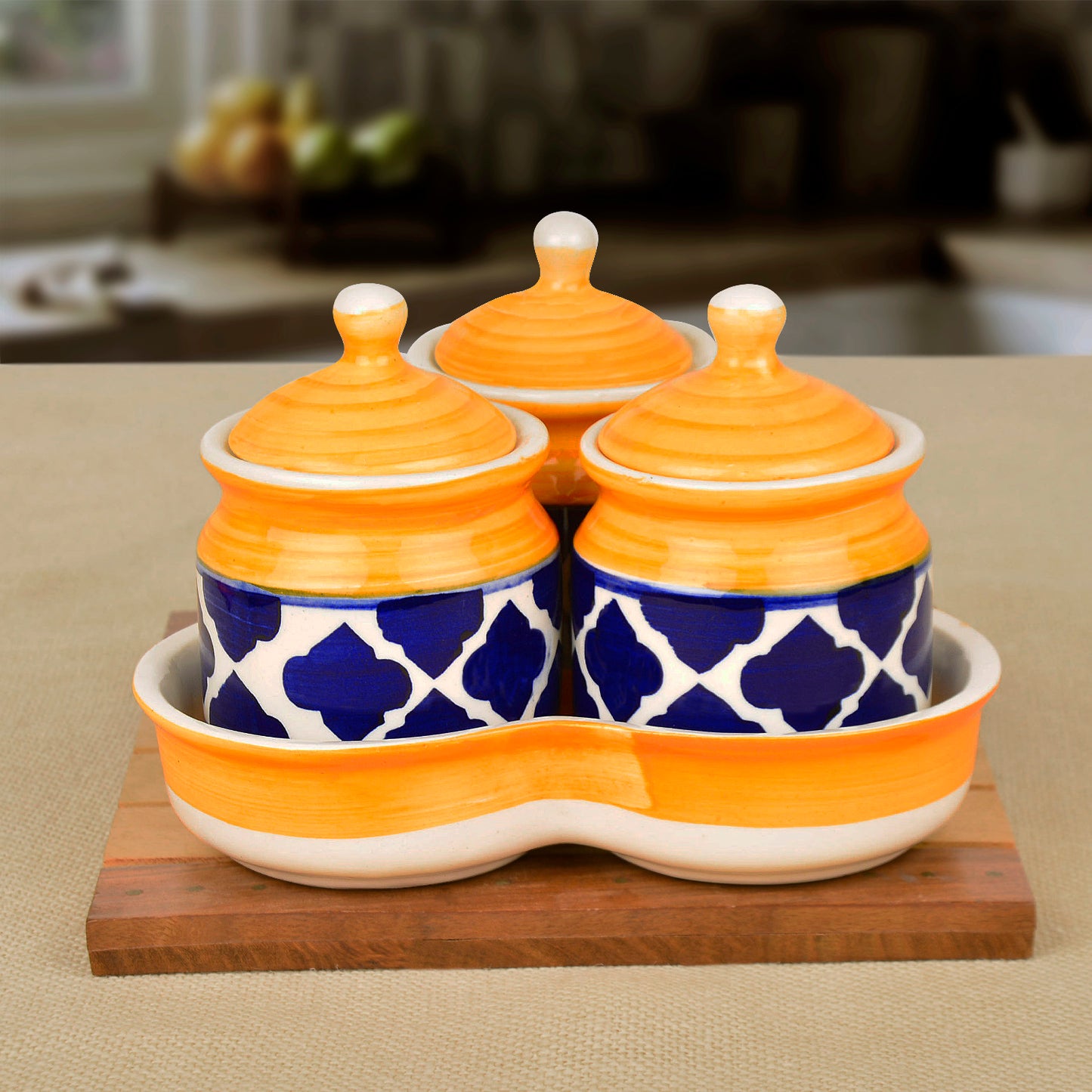 Handpainted Ceramic Pickle Jar Set with Tray (Set of 3, Blue and Yellow , 200 ml each)