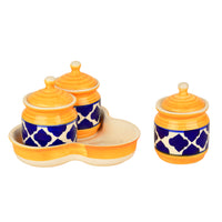 Handpainted Ceramic Pickle Jar Set with Tray (Set of 3, Blue and Yellow , 200 ml each)