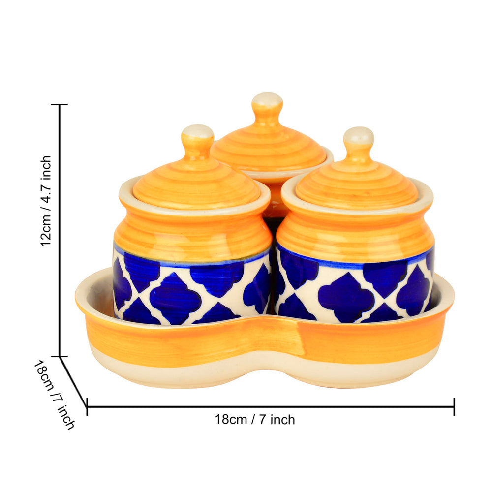 Handpainted Ceramic Pickle Jar Set with Tray (Set of 3, Blue and Yellow , 200 ml each)