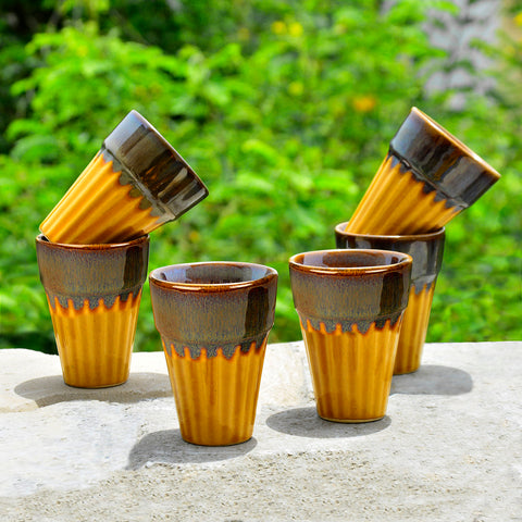 Studio Pottery Glazed Dual Tone Ceramic Tea Glasses (Set of 6, Golden and Brown, 150 ml each)