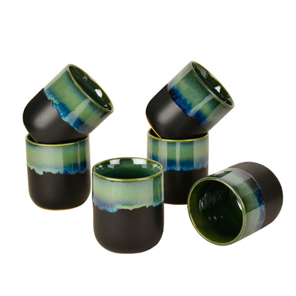 Studio Pottery Glazed Dual Tone Ceramic Glasses (Set of 6, Green and Red, 225 ml each)