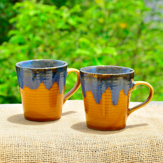 Studio Pottery Flow Design Ceramic Coffee Mugs (300 ml each, Set of 2, Golden)