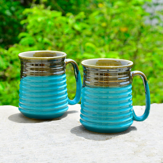 Hand Glazed Jumbo Ceramic Beer Mugs (Set of 2, Sky Blue and Brown , 700 ml each)