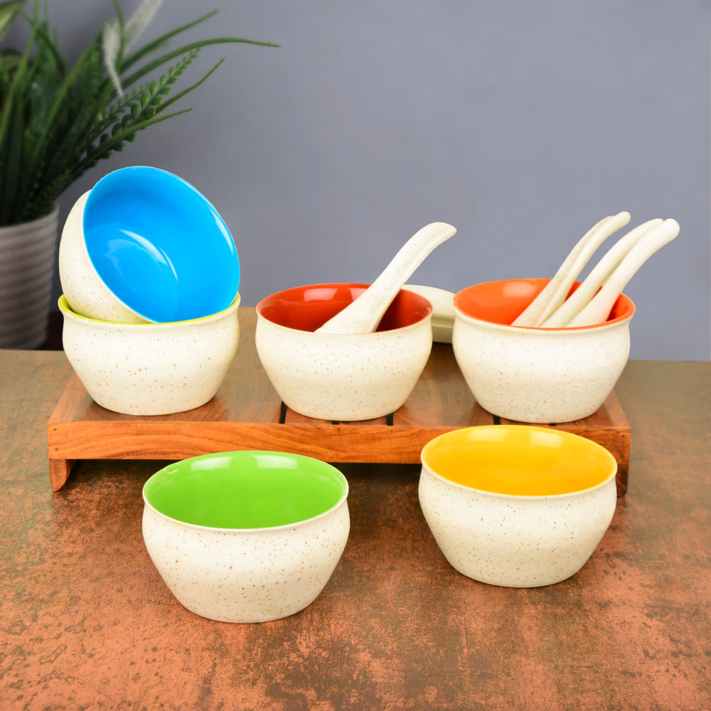 Ceramic Matt Finish Soup Bowls with Spoon (200 ml each, Set of 6, White)