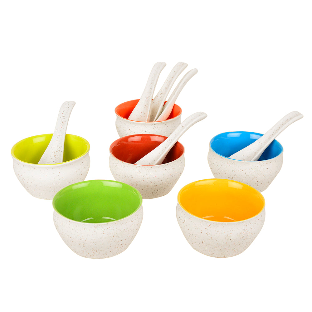 Ceramic Matt Finish Soup Bowls with Spoon (200 ml each, Set of 6, White)