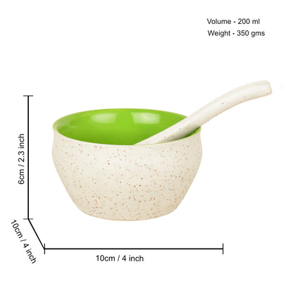 Ceramic Matt Finish Soup Bowls with Spoon (200 ml each, Set of 6, White)