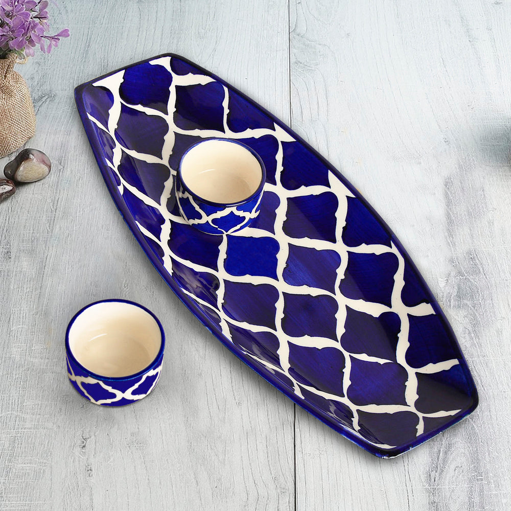 Handpainted Ceramic Serving Platter With Two Dip Bowls (Blue, L x B – 38 cm x 16 cm)